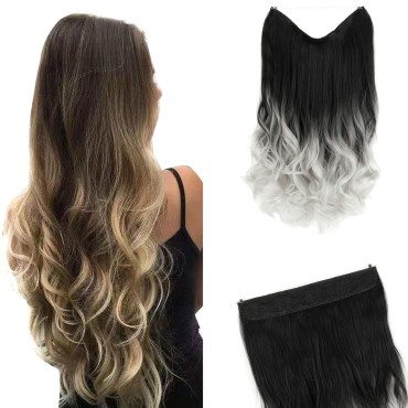 GIRLSHOW Hair Extensions with Invisible Wire Transparent Headband Synthetic 20 Inch 4.4 Oz Wavy Curly Adjustable Size No Clip Hairpieces for Women (Black Ombre Gray -#291, 20 Inch)