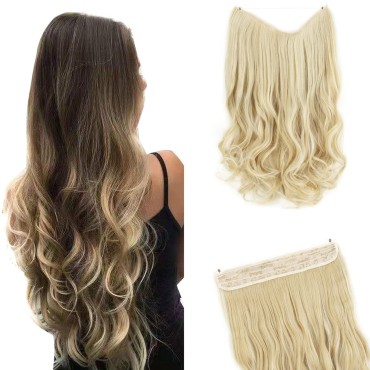 GIRLSHOW Hair Extensions with Invisible Wire Transparent Headband Synthetic 20 Inch 4.4 Oz Wavy Curly Adjustable Size No Clip Hairpieces for Women (Ash Blonde & Bleach Blonde Highlights -#58, 20 Inch)