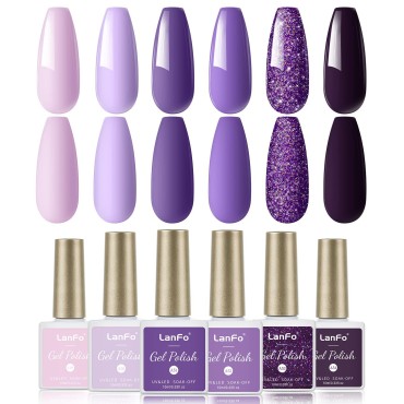 LanFo Purple Glitter Gel Nail Polish Set, 6 Colors Gel Polish Set Purple Gel Nail Polish UV LED Soak Off DIY Nail Art Manicure at Home