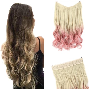 GIRLSHOW Hair Extensions with Invisible Wire Transparent Headband Synthetic 20 Inch 4.4 Oz Wavy Curly Adjustable Size No Clip Hairpieces for Women (Bleach Blonde Ombre Pink -#240, 20 Inch)