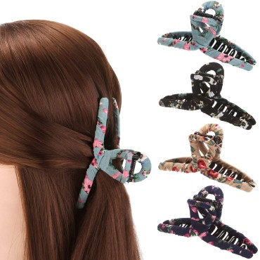 ONEYE Hair Claw Clips Nonslip Wrapped Cloth 4.3 Inch Large Hair Clips for Women Girls Floral Banana Hair Clip Strong Hold for Thin Hair Thick Hair Long Hair Fashion Hair Accessories with 4 Colors
