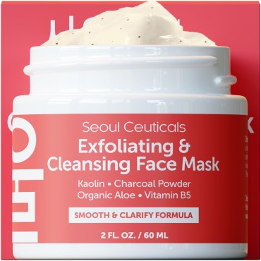 SeoulCeuticals Korean Face Scrub - Exfoliating Face Mask Skincare K Beauty Mask for Glass Skin - Kaolin Clay + Charcoal Cream Exfoliant Mask 2oz