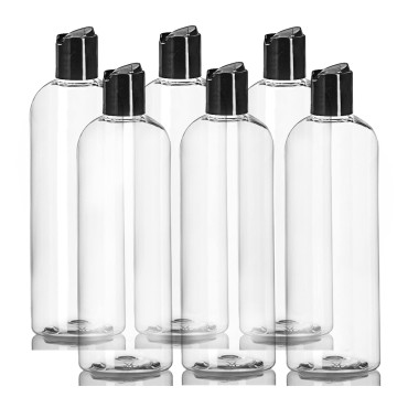 ljdeals 16 oz Clear Plastic Empty Bottles with Black Disc Top Caps, Squeezable Refillable Containers for Shampoo, Lotions, Cream and more Pack of 6, BPA Free, Made in USA