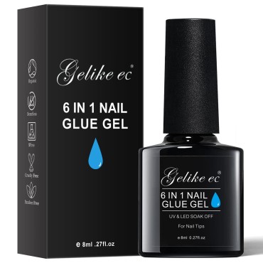 Gelike EC 6 in 1 Gel Nail Glue for Clear Acrylic Nails Long Lasting, Curing Needed UV Extension Glue for Clear False Nail Tips and Clear Press on Nails, Nail Repair Treatment