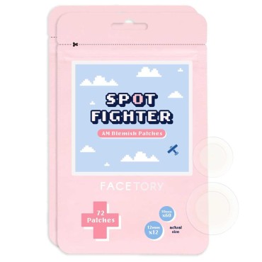 FACETORY AM Spot Fighter Blemish Patches- for Morning and Daytime, 144 Hydrocolloid Patches Infused with Tea Tree and Cica, 10mm and 12mm (2 Packs of 72 Patches)