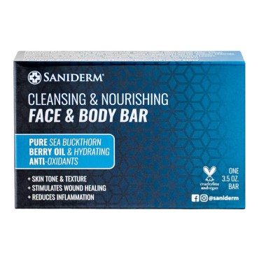 Saniderm Face and Body Cleansing Soap, Hydrating and Hygienic Tattoo Healing Soap, Nourishing Sea Buckthorn Oil and Omega-7, Infused Citrus Scent, 3.5 oz Bar