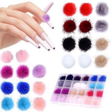 24 Pieces 3D Nail Art Fluffy Pom Balls Kawaii Nail...