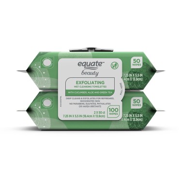 Equate Beauty Exfoliating Wet Cleansing Towelettes With Cucumber Aloe Green Tea 100 Wipes