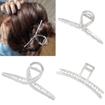 Formery 3PCS Large Banana Hair Clips Silver Metal Hair Claw Clips Nonslip Long Thick Hair Barrettes Jaw Clamp Hair Accessories for Women