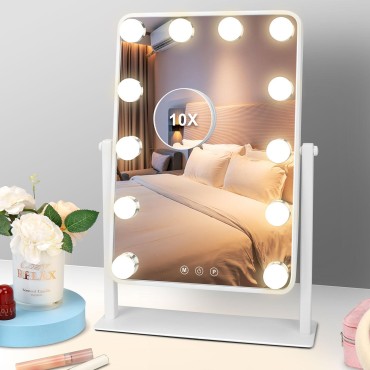 Vanity Mirror with Lights with Phone Holde, Hollywood Mirror Lighted Makeup Mirror with 12 Dimmable LED Bulbles, 3 Color Lighting Modes Detachable 10X Magnification Mirror