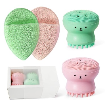 2pcs Jellyfish Silicone Manual Facial Cleansing Brush Sets + 2pcs Cleansing Sponge Facial Flutter Wash Face Pad Brushes, Silicone Handheld Face Brush, Massage,