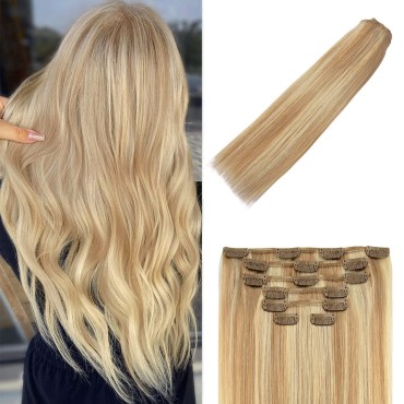 Clip in Hair Extensions Human Hair Balayage Reddish Brown to Blonde Highlights for Blonde 70g 22Inch 7PCS #12P613