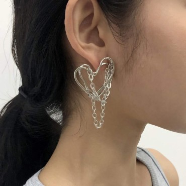 JWICOS Tassel Chain Drop Dangle Double Layer Big Heart Hoop Earrings for Women and Girls Punk Style (Silver)