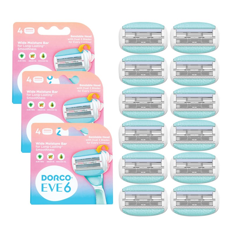 Dorco EVE6 Razors for Women for Extra Smooth Shaving (No Handle, 12 Pcs Razor Blade Refills), 6 Curved Blades with Flexible Moisture Bar, Womens Razors for Shaving with Aloe Vera Moisture Bar, Interchangeable Cartridge for Sensitive Skin _Mothers Day Gift