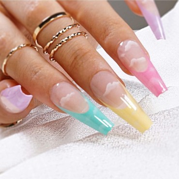Kamize French Press on Nails Long Coffin Acrylic Fake Nails Colorful Cloud Full Cover False Nails for Women and Girls24PCS