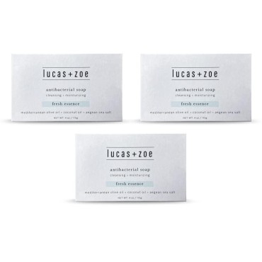 Lucas + Zoe Fresh Essence Antiseptic Bar Soap - 4 Ounce Moisturizing Body Soap Bar Made With Natural Ingredients Like Mediterranean Olive Oil, Coconut Oil, & Aegean Sea Salt - Made In Greece - 3 Pack