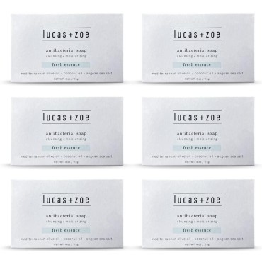Lucas + Zoe Fresh Essence Antiseptic Bar Soap - 4 Ounce Moisturizing Body Soap Bar Made With Natural Ingredients Like Mediterranean Olive Oil, Coconut Oil, & Aegean Sea Salt - Made In Greece - 6 Pack