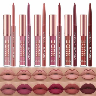 SUMEITANG 12Pcs Lip Liner and Lipstick Makeup Set, 6 Matte Nude Liquid Lip Stick With 6 Matching Smooth Lipliner pencil, All in One Waterproof Long Lasting Lipgloss, Girls&Women Lips Makeup Gift Set