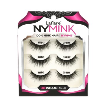 Laflare 3D NY Mink Eyelashes Multipack, 100% Real Mink Hair Lashes, Luxury Makeup, Natural, Light, Trendy, Variety, Reusable, 3 Pairs Value Pack (NYVP43)