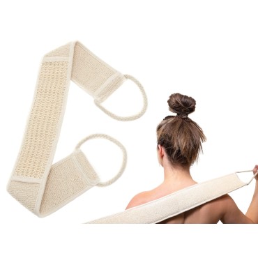 S&T INC. Dual Textured Exfoliating Back Scrubber for Shower, Body Exfoliator with Handles, Back Scratcher, 28 in x 3.5 in, Cream