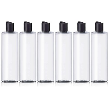 ljdeals 8 oz Clear Plastic Empty Bottles with Black Disc Top Caps, Refillable Cylinder Containers for Shampoo, Lotions, Cream and more… Pack of 6, BPA Free, Made in USA
