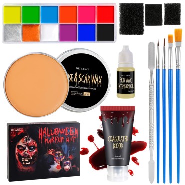 DE'LANCI Halloween Special Effects SFX Makeup Kit for Zombie,Vampire,12 Color Makeup Paint Oil Based,Scar Wax(2.12 oz),Fake Blood(1.06 oz),10ml Extension Oil,4 Paint Brushes,Spatula,3 Stipple Sponge