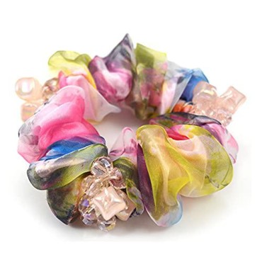 Elegant Bling Boho Lace Fabric Crystal Beads Hair Ties Hair Ropes Hair Scrunchies Elastics Ponytail Holders Hair Jewelry Hair Wrist Ties Bands Scrunchies Hair Accessory for Show Gym Dance Party for Girl Women (Colour)