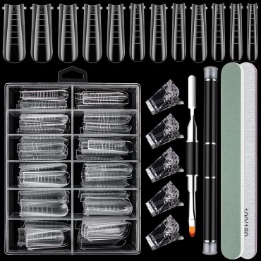 Dual Nail Form Set Clear Gel Nail Extension Mold 12 Sizes with Scale Full Cover Gel Coffin Nails Dual-ended Gel Brush and Nail File Nail Tips Clip Buffer Polisher