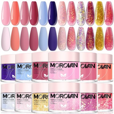 Morovan Acrylic Powder Set - 12 Colors Acrylic Nail Powder Pure Color and Glitter Professional Polymer Colored Acrylic Nail Powder for Acrylic Nail Extension Carving