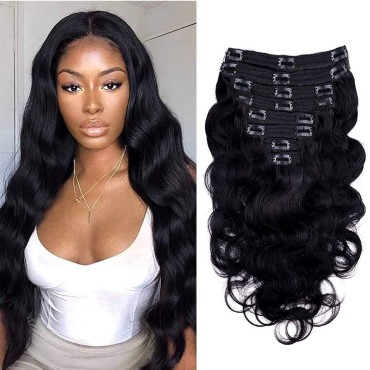 Body Wave Clip in Hair Extensions for Black Women Body Wave Human Hair Clip in Hair Extensions Natural Black Color Full Head Brazilian Virgin Hair?8/Pcs with 18Clips,120 Gram (24inch, Body hair)