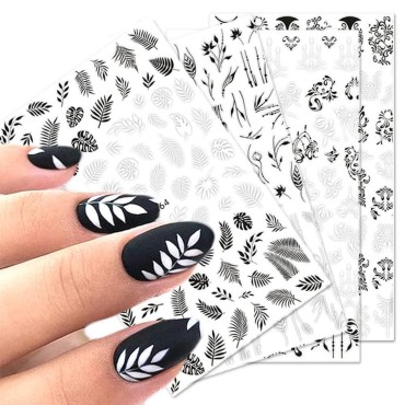 10 Sheets Black White Leaves Flowers Nail Stickers...