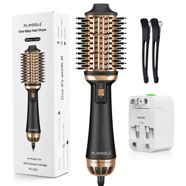 PLAVOGUE Dual Voltage Hair Dryer Brush, Plavogue 100 Millions Negative Ionic Blow Dryer Brush Volumizer, One-Step Hot Air Brush in One for European Travel, Styling Brush with Ceramic Coating
