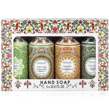 Mosaic Liquid Hand Soap / Wash Gift Set, Ideal Bathroom Kitchen Hand Soap Set , Olive Oil + Coconut & Hibiscus + Gardenia + Orange Blossom, 4 x 24.6 fl oz Each Liquid Soap Bottle