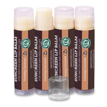 SPF Lip Balm 4-Pack by Earth's Daughter - Lip Sunscreen, SPF 15, Organic Ingredients, Coconut Flavor, Beeswax, Coconut Oil, Vitamin E - Hypoallergenic, Paraben Free, Gluten Free, New