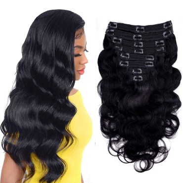 Body Wave Clip in Hair Extensions for Black Women Body Wave Human Hair Clip in Hair Extensions Natural Black Color Full Head Brazilian Virgin Hair?8/Pcs with 18Clips,120 Gram (18inch, Body hair)