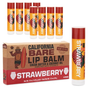 California Bare, Flavored Lip Balms with Beeswax, Coconut Oil, Shea Butter, Cocoa Butter, and Vitamin E for Hydrating and Moisturizing Dry Chapped Lips, Strawberry - 8 Pack