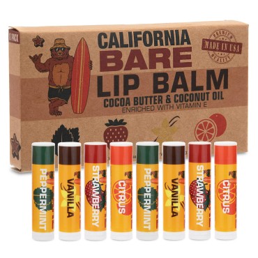 California Bare, Flavored Lip Balms with Beeswax, Coconut Oil, Shea Butter, Cocoa Butter, and Vitamin E for Hydrating and Moisturizing Dry Chapped Lips, 4 Assorted Flavors - 8 Pack
