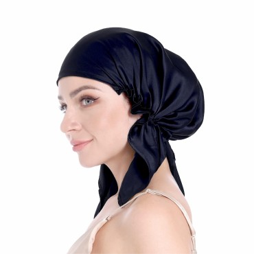 SissiLita 100 percent Silk Bonnet for Sleeping, Hair Bonnet with Tie Band, Large Silk Sleep Cap for Curly Hair, Silk Hair Wrap for Hair Care (Deep Royal Navy), One Size