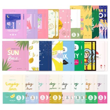 FaceTory 50 Pack Sheet Mask Collection - 2 of Each Mask, Hydrating Essence Facial Mask, for All Skin Types, Nourishing, Illuminating, Soothing, Refreshing, Collection Variety Pack with Collagen, Cica, Niacinamide, and More