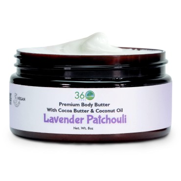 360Feel Lavender Patchouli Body Butter - Nourishing Moisturizer with Cocoa & Shea Butter - Coconut & Jojoba Oil - Plant-based Sensitive Skin Cream with Natural Ingredients