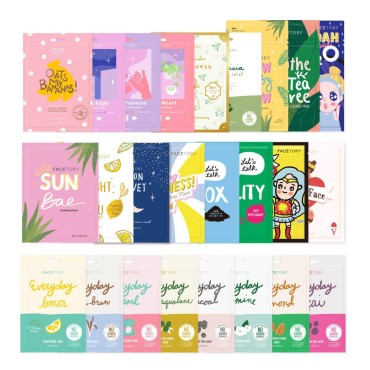 FaceTory 25 Pack Sheet Mask Collection- Hydrating Essence Facial Mask, for All Skin Types, Nourishing, Illuminating, Soothing, Refreshing, Collection Variety Pack with Collagen, Cica, Oat, Niacinamide, and More