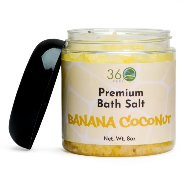 360Feel Banana Coconut Bath Salt - Rejuvenating Body Scrub - Bath Soak for Sensitive, Oily, Dry & Normal Skin - Vegan & Cruelty-free Grain Formula for Face, Body & Foot - 8 Oz Jar