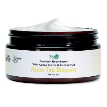 360Feel Asian Tea Blossom Body Butter - Cocoa Butter & Shea Butter - Coconut & Jojoba Oil - Non-greasy - Infused with Essential Oils - Moisturizing Cream for Daily Uses - 8 Fl Oz