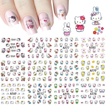 Emifunny Cute Kawaii Hello Kit-ty Cartoon Nail Stickers Self-Adhesive Nail Decals for Women Girls Kids Nail Art Stickers (12 Sheets)