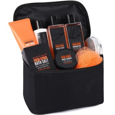 Gift Baskets for Men - Bath Spa Gift Set for Men, Body and Earth Citrus Scented Mens Bath Set with Body Lotion, Face Wash, Shower Gel, Bubble Bath, Loofa & More, Christmas Gifts for Men