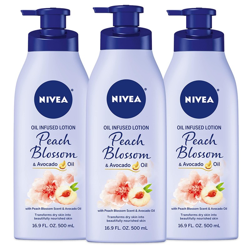 NIVEA Oil Infused Peach Blossom and Avocado Oil Body Lotion, Body Lotion for Dry Skin, 16.9 Fl Oz Pack of 3