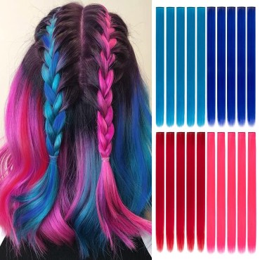 Colored Party Highlights Clip in Hair Extensions for Girls 20Packs 20 inches Straight Hair Synthetic Hairpieces In The Party Clip in Hair Extensions for women girls kids (Blue, Navy blue, Red, Pink)