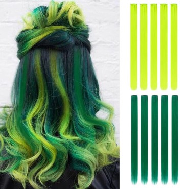 10Pieces 20Inch Colored Hair Extensions Clip In For Women Girls Hiar Accessories Wig Pieces Synthetic Hair Pieces (Green, Bright yellow)
