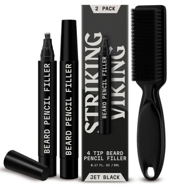 2 Pack Beard Pencil Filler for Men with 4 Tips - Updated Beard Filling Pen Kit with Brush, Long Lasting Waterproof Beard Pen - Fill, Shape, & Define Your Beard - Striking Viking (Black)