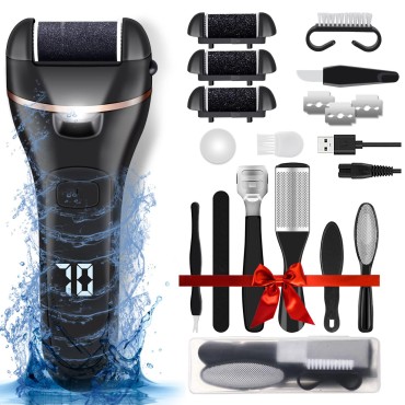 Electric Callus Remover for Feet Waterproof Rechargeable Pedicure Kit Professional 19 in 1 Foot File Care Scrubber Shaver Tools with 3 Roller Heads 2 Speed Battery Display for Cracked Heels Dead Skin